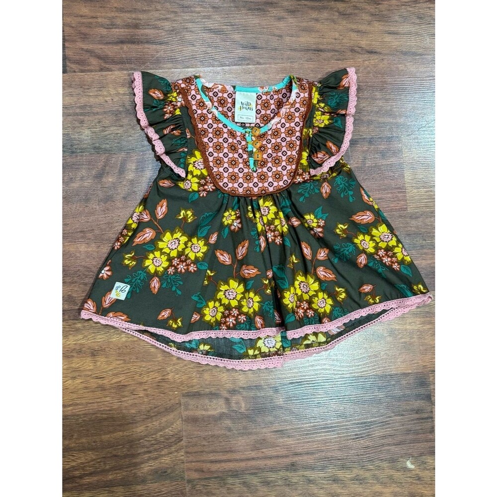 Wild Flowers Dress - Brown and Yellow Floral with Flutter Sleeves and Pink Trim